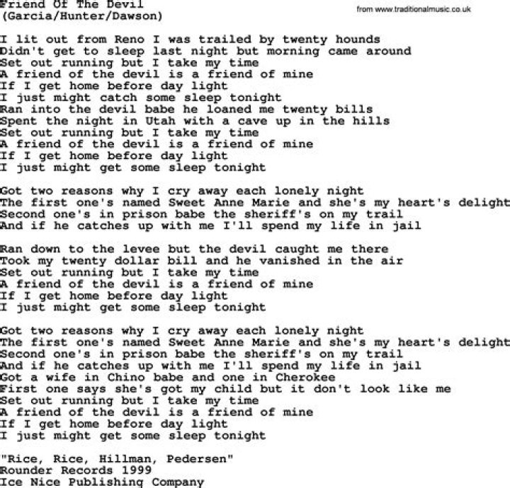 Grateful Dead Friend of the Devil Lyrics |